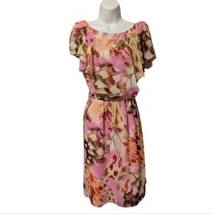 Emma & Michele Pink and Brown Floral Mini Dress Chiffon Overlay Sz. 12